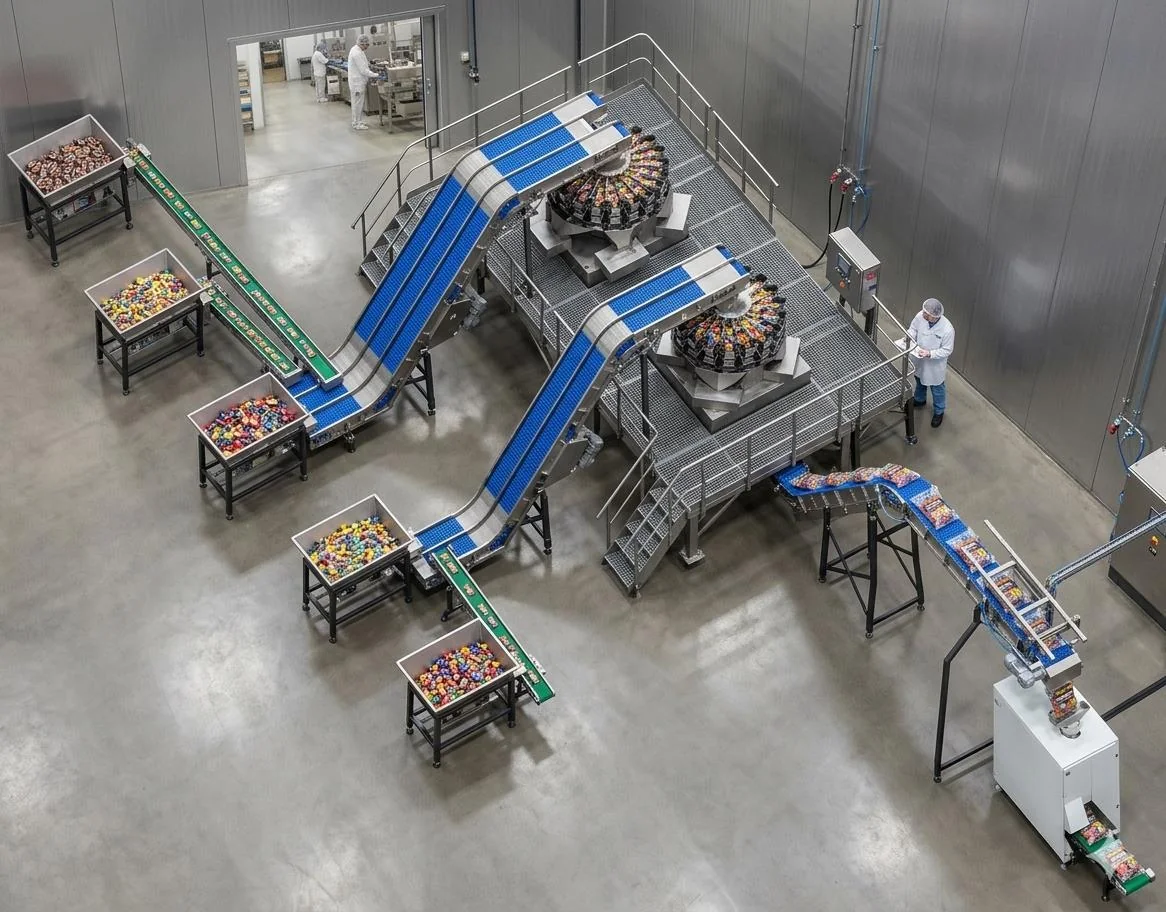 Visualization of the chocolate bar line with feeding conveyors and multihead weighers