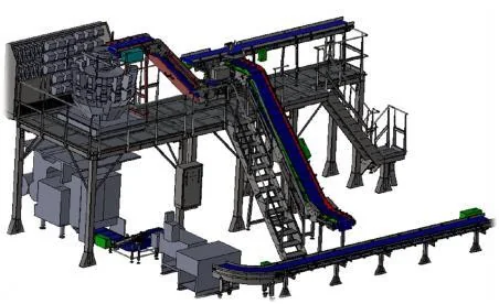 CAD model of conveyors, elevator and support gantry for the frozen food system
