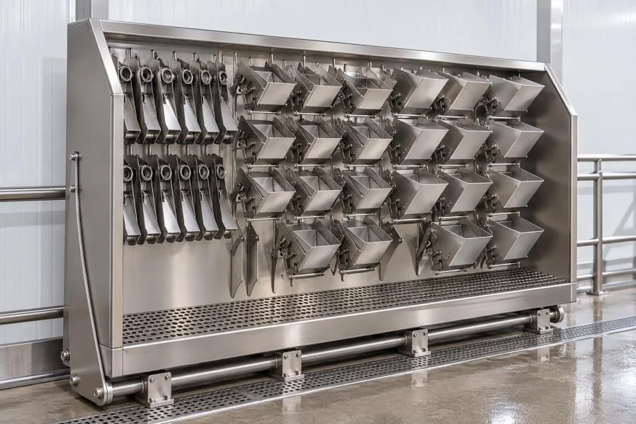 Wash wall with removable weigher hoppers and a drainage base
