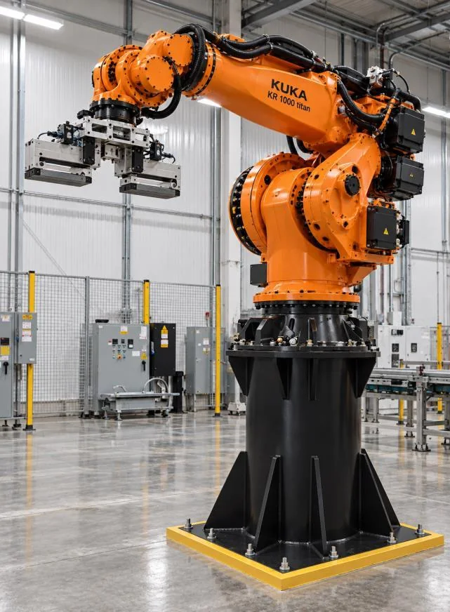 Articulated robot mounted on an anchored painted steel pedestal