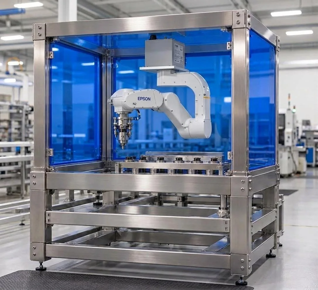 Overhead support frame and guarded robotic handling cell